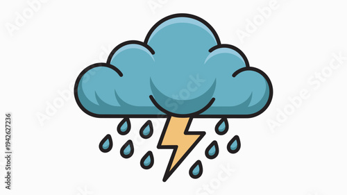 A cartoon illustration of a stormy weather cloud with lightning and rain
