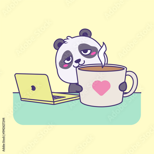 Cute Panda Cartoon Exhausted From Work, Sleepless, And Drinking Coffee to Stay Awake