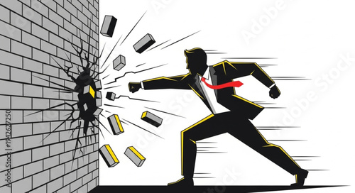 Businessman Breaking Through Brick Wall.
