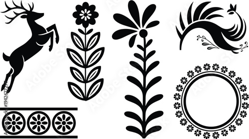Mexican Otomi Folk Art Vector Set Featuring Leaping Deer Silhouette Floral Stems Decorative Circle Wreath and Traditional Botanical Border Ornament Icons