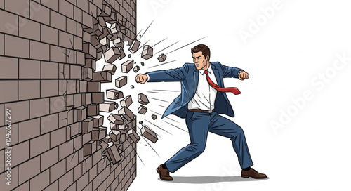 Businessman Breaking Through Brick Wall.