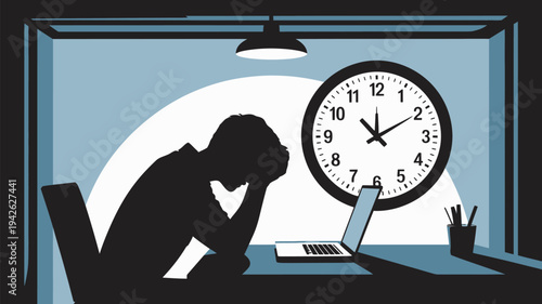 A stressed man sitting at a desk with a laptop and clock on the wall, looking worried and overwhelmed.