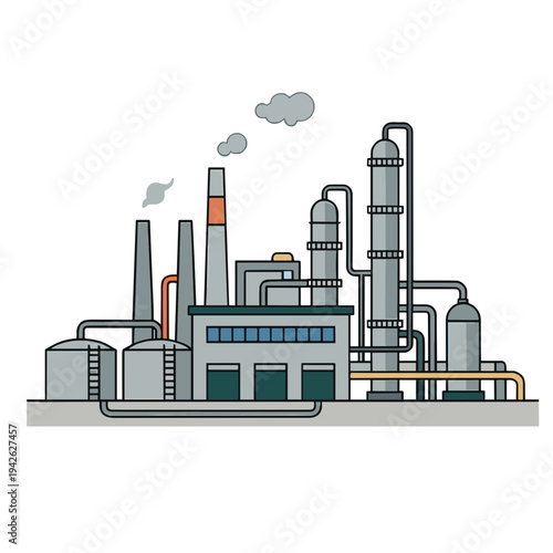Industrial factory complex with smokestacks emitting smoke and pipes