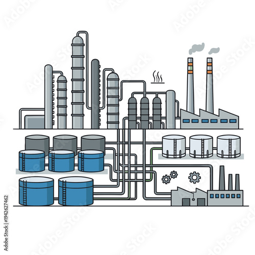 Industrial factory complex with smokestacks and pipelines operating