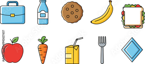 Lunch box icon set featuring blue briefcase, milk bottle, cookie, banana, sandwich, red apple, carrot, juice box, fork, and napkin