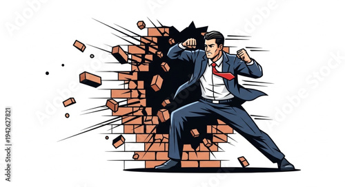 Businessman Breaking Through Brick Wall.
