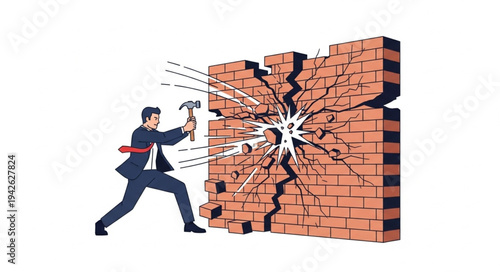 Businessman Breaking Through Brick Wall.