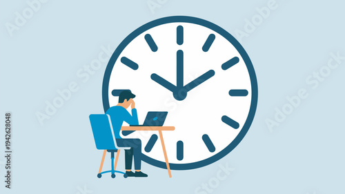 A man in a blue suit sits at a desk with a laptop in front of a large clock.