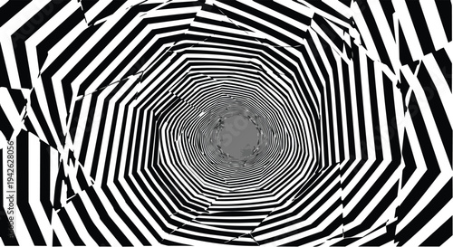 Abstract Optical Illusion Spiral Tunnel Black and White Op Art Background.