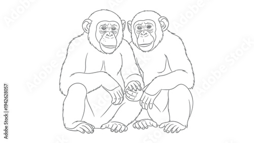 Two Chimpanzees:  A serene portrayal of two chimpanzees, seated closely and thoughtfully, in a sketch that captures the depth of their connection.