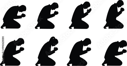 Set of praying people silhouettes kneeling with hands together in prayer isolated vector illustration for faith worship spirituality and religion concept