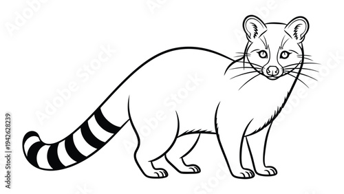 Cartoon Raccoon: A sleek and stylish raccoon stands confidently, its distinctive features and masked face depicted in an elegant black and white illustration.