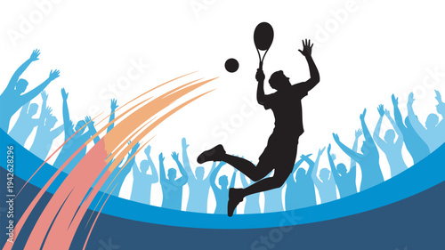 A silhouette of a tennis player jumping to hit a ball in front of a cheering crowd with colorful streaks.