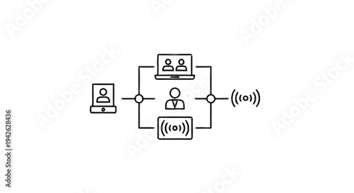 Network connection between devices and people illustration.