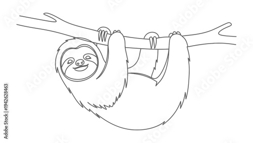 Smiling Sloth Hanging on Branch: A simple, outlined illustration of a smiling sloth hanging upside down from a branch, creating a playful and inviting feel.