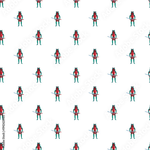 Repeated samurai figures with red armor and swords forming a seamless pattern