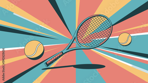 A colorful illustration of a tennis racket and balls in mid-air with a vibrant sunburst background.
