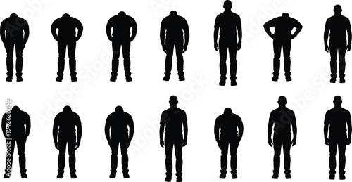 Standing man silhouettes collection, male human figures in different body postures front view, people character poses vector set isolated