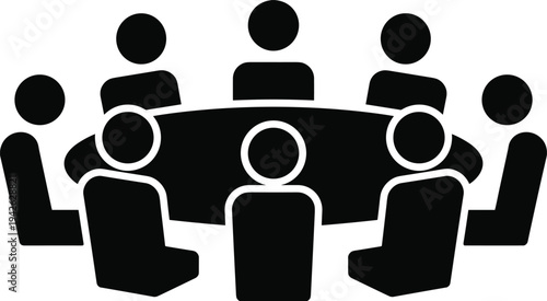 Business team meeting conference discussion collaboration people sitting round table teamwork corporate communication strategy silhouette flat vector illustration design