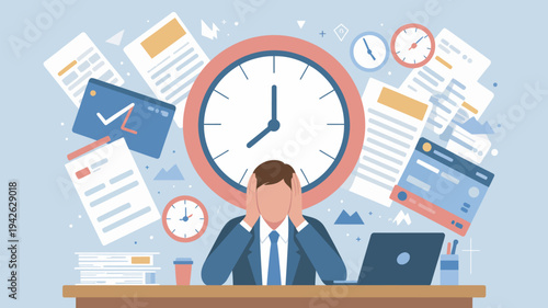 A stressed businessman sitting at his desk surrounded by clocks and paperwork