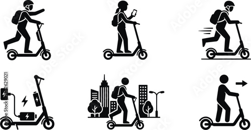 Electric Kick Scooter and Urban Mobility Icon Set Featuring Commuters Riding Charging and Navigating Through City Streets