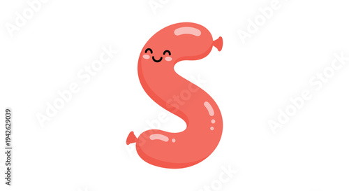 Cute cartoon sausage shaped like the letter S featuring a happy smiling face with rosy cheeks on a plain white background.