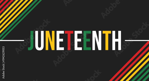 Juneteenth celebration graphic with bold text and vibrant striped patterns