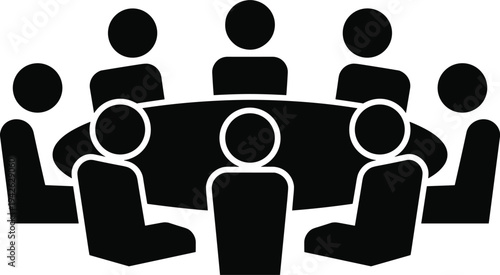 Business team meeting conference discussion collaboration people sitting round table teamwork corporate communication strategy silhouette flat vector illustration