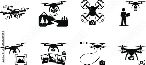 Advanced Drone Technology for Aerial Photography and Videography Featuring GPS Tracking Mountain Landscapes and Remote Control Icons