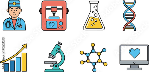 Medical research icon set featuring professional doctor, 3D heart printer, laboratory flask, DNA helix, growth chart, microscope, molecule, and heart monitor screen