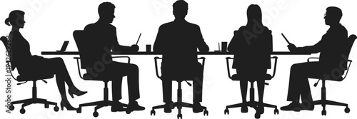 Business team meeting discussion collaboration corporate conference office people sitting boardroom communication teamwork strategy silhouette flat vector illustration design