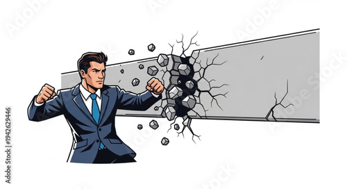 Businessman Breaking Through Glass Barrier.