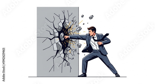 Businessman Breaking Through Gray Door.
