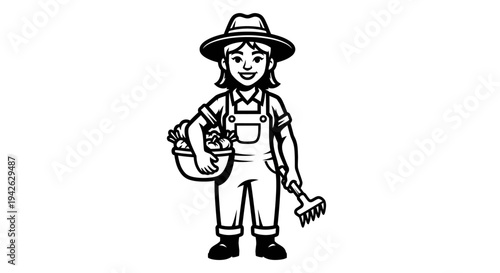 Cartoon Gardener with Rake and Watering Can.