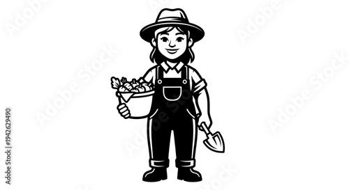 Cartoon Gardener Holding Plants and Shovel.
