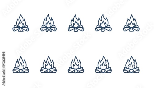 A linear collection of ten bonfire illustrations, featuring a stylized flame on a bed of crossed logs, simple and uniform