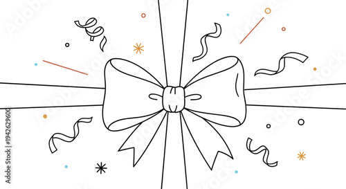 Close up view of a large white bow on a gift package surrounded by colorful celebratory confetti and swirling party ribbons.