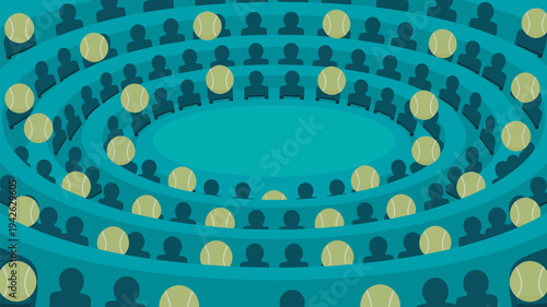 A vibrant illustration of people sitting in concentric circles with tennis balls around them.