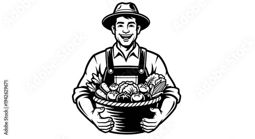 Farmer Holding Basket of Fresh Vegetables.