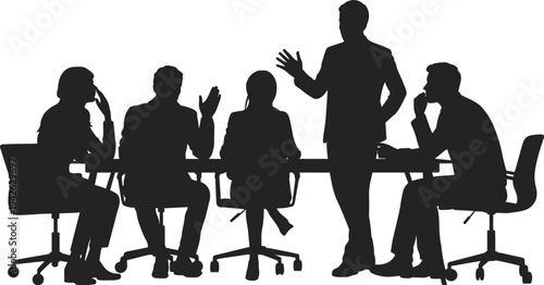 Business team meeting discussion corporate conference boardroom leadership teamwork strategy office people brainstorming presentation flat vector illustration design