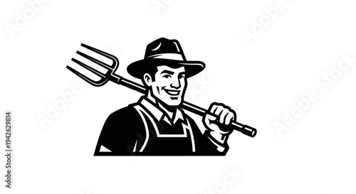 Farmer with Pitchfork Illustration Black White.