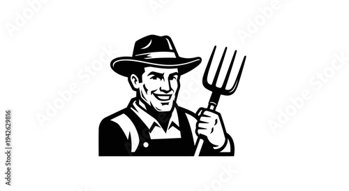 Farmer with Pitchfork Illustration Black White 1.