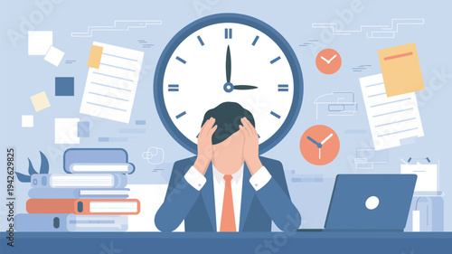 A stressed businessman sitting at his desk with a clock on his head surrounded by paperwork and office supplies.