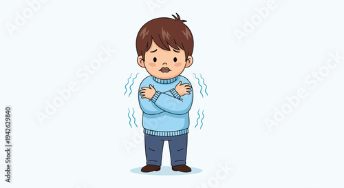 Young boy in a light blue sweater shivering from the cold weather with wavy lines indicating trembling and a sad expression.