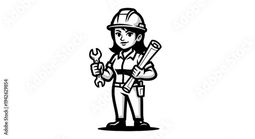 Female Construction Worker with Tools Standing.