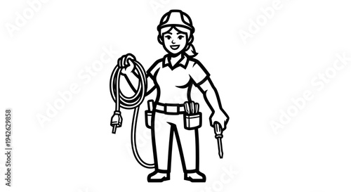 Female Electrician Holding Cable and Tool.