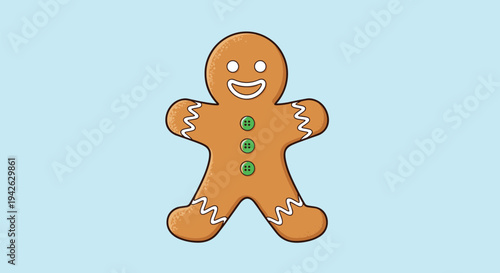 Classic gingerbread man cookie decorated with white icing and green buttons for a sweet and festive christmas holiday treat.