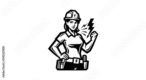 Female Electrician Holding Lightning Bolt.