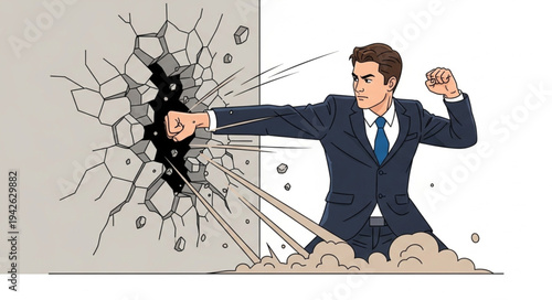 Businessman Breaking Through Wall Cartoon.