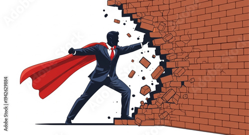Businessman Breaking Through Brick Wall.